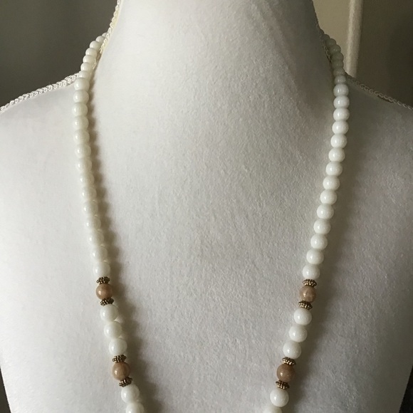 Tassel Necklace Coral Ivory Pink Faceted Beads Long Boho Adjustable Goldtone - Picture 3 of 12